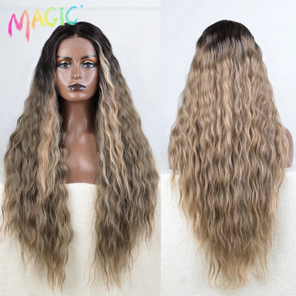 Magic Synthetic Lace Front Wig Long Deep Wavy 30 Inch Ombre Blonde Ginger Lace Wigs For Black Women Heat Resistant Cosplay Wigs