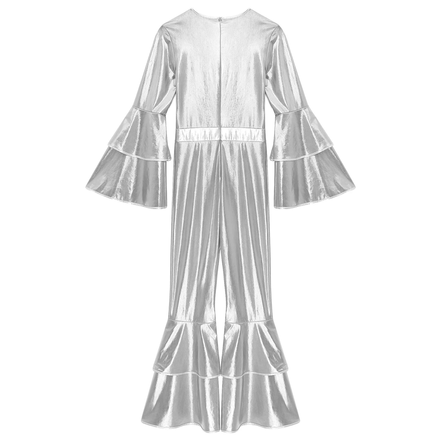 Womens 70S Disco Vintage Jumpsuit Metallic Shiny Flare Sleeve Bodysuit Hippie Bell Bottom Jazz Dance Carnival Rave Party Costume