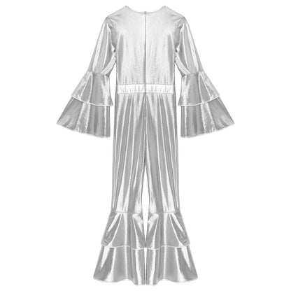 Womens 70S Disco Vintage Jumpsuit Metallic Shiny Flare Sleeve Bodysuit Hippie Bell Bottom Jazz Dance Carnival Rave Party Costume