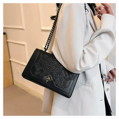 Leather Shoulder Bag Chain Purse for Women - Fashion Crossbody Bags Vintage Snake Print Underarm Bag Square Satchel Handbag