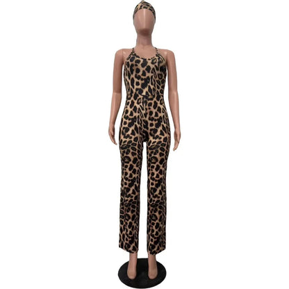 HLJ Sexy Leopard Print Bodycon Jumpsuits Women Thin Strap Sleeveless V Neck Wide Leg Pants Playsuit Female Overall With Scarf