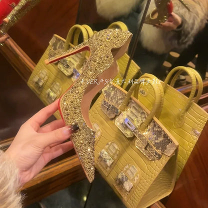 High Heels Women 2025 Spring New gold Sexy Pointy French Thin With Single Shoes Women Crystal Wedding Shoes Women Red Sole Shoe