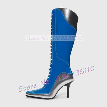 Blue Patent Leather Knee High Boots Women Stylish Pointy Toe Cross Tied High Heels Dress Shoes Ladies Hollow Out Cool Tall Boots