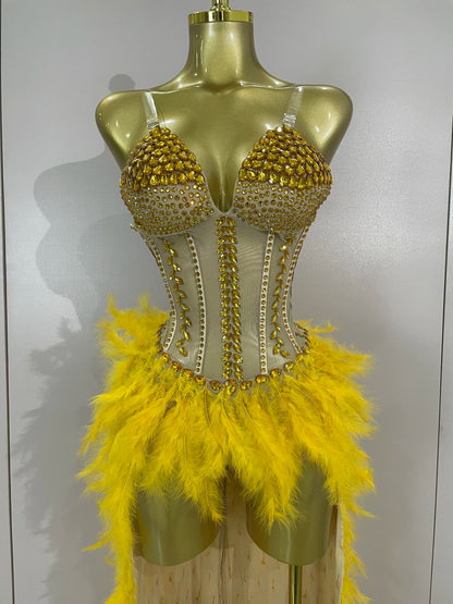 Sparkly Rhinestones Feathers Long Tail Bodysuits Sexy Mesh Transparent Stage Dress Evening Party Celebrate Luxury Birthday Dress