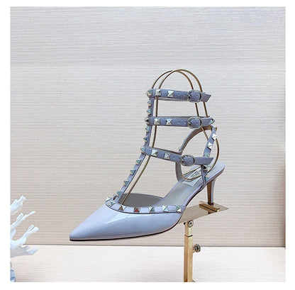 Women's sandals luxury Woman shoes Gladiator Summer 2026 New Rivet High-heeled Three Straps Ankle Fashion Designer Ladies Shoes