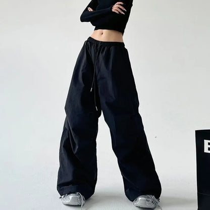 Women's Brown Parachute Pants 2026 Summer New Loose Straight Wide Leg Trousers Casual Quick Dry Cargo Pants Streetwear
