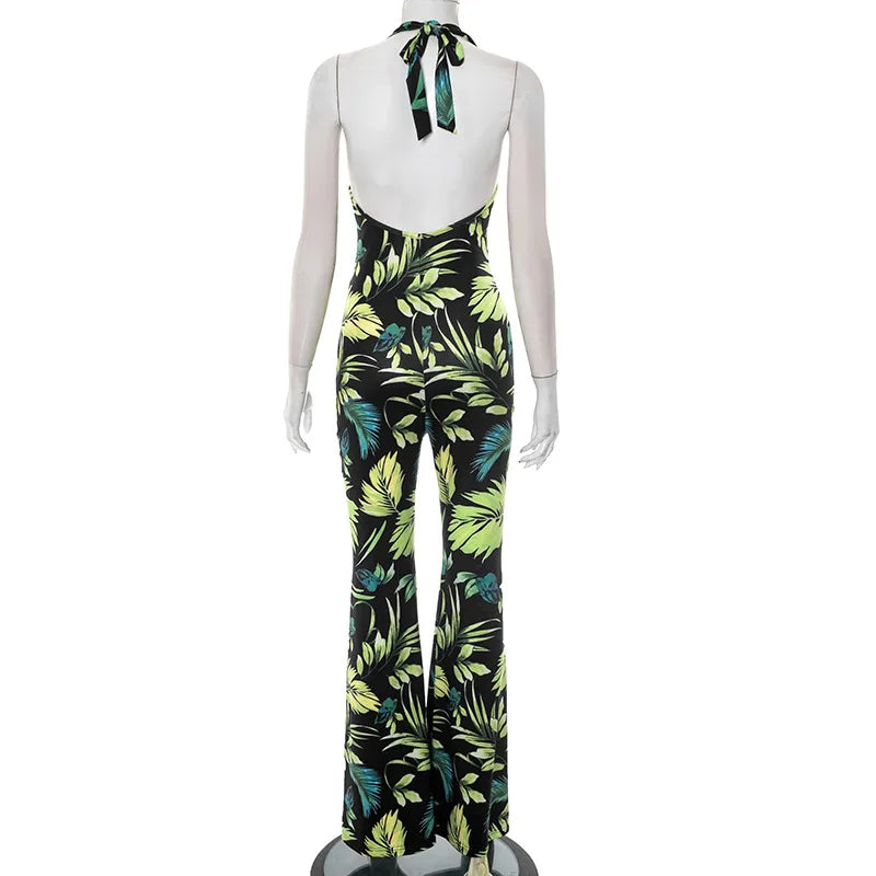 Summer Beach Style Leaves Print Jumpsuit Women Halter Lace-Up Backless Slim Stretchy Wide Legs Holiday Rompers Sleeveless 64025