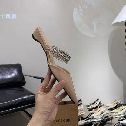 Luxury Crystal Women Slippers Pointed Toe Mules Shoes Elegant Heeled Sandals New Party Slingabck Flip Flops Elegant Mujer Shoes
