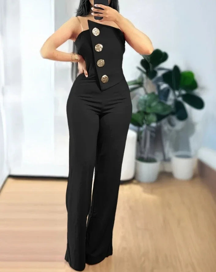 Jumpsuit Women Spring Fashion Rhinestone Fishnet Patch Sexy Plain Asymmetrical Neck Long Sleeve Skinny Daily Flared Leg Jumpsuit