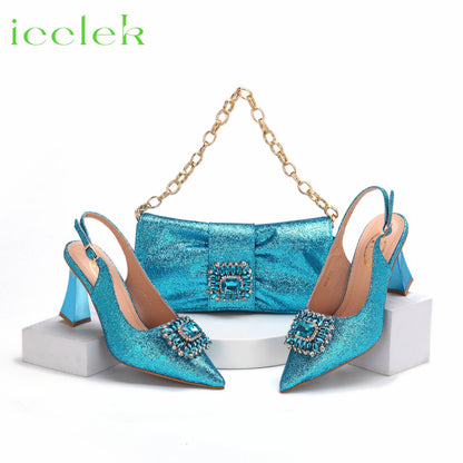 Women High Heels Sandals Shinning Material with Rhinestone Italian Design T.Blue Color Pointed Toe Shoes and Bags Set