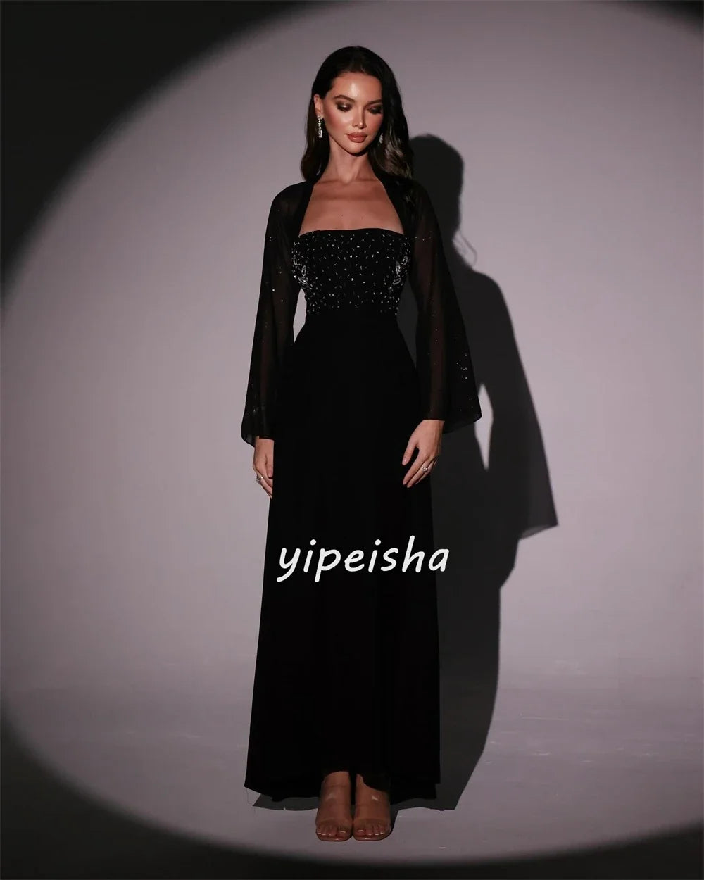 Customized Jersey Sequined Ruched Graduation A-line Square Neck Bespoke Occasion Gown Midi Dresses
