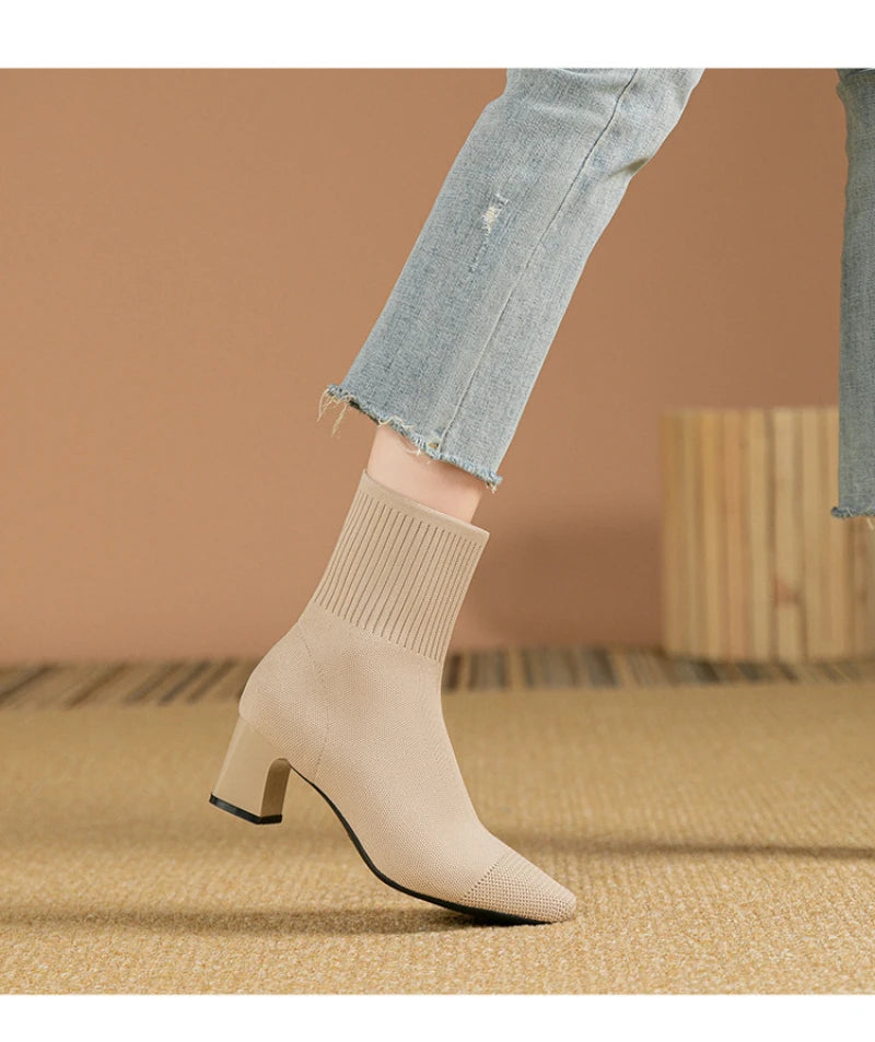 Black Square Toe Knit Sock Boots Elastic Slim Thick Block Heel High Heels Short Boots Fashion Autumn Casual Skinny Ankle Boots