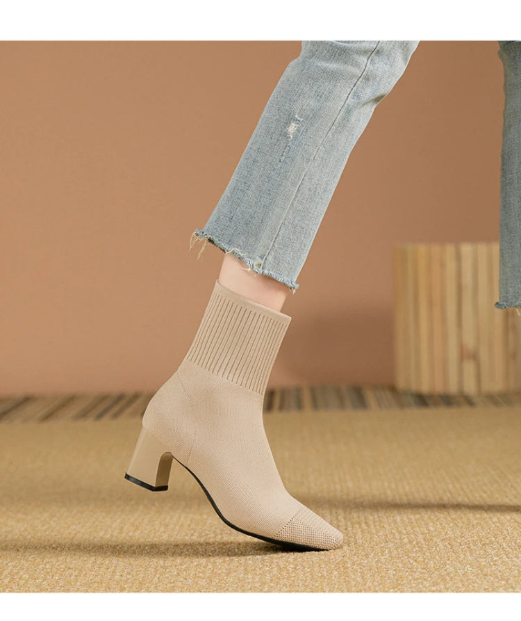 Black Square Toe Knit Sock Boots Elastic Slim Thick Block Heel High Heels Short Boots Fashion Autumn Casual Skinny Ankle Boots