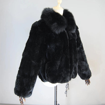 New Luxury Lady 100% Natural Rex Rabbit Fur Coat Women Winter Thick Warm Real Rex Rabbit Fur Jacket With Quality Fox Fur Collar