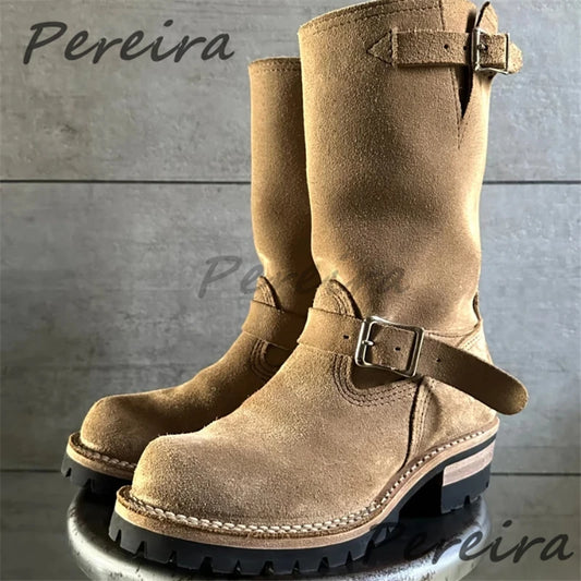 Metal Belt Buckle Sleeve Knight Boots for Men Retro Thick Soled Height Increasing Motorcycle Boots Autumn Winter Male Shoes