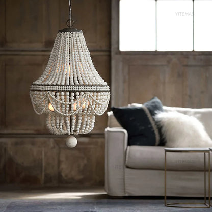 Blue Grey Wooden Beads 8 Lights Chandeliers For Foyers Vintage White Chandelier Lighting Bedroom Living Room Boho Pendant Light