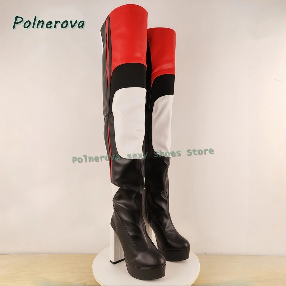 Multi Color Sexy Over The Knee Boots Round Toe Block Heels Side Zip Women Splicing Motorcycle Boots Punk Cool Style 2026 Spring