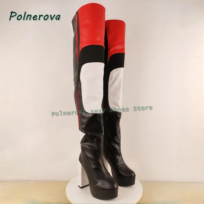 Multi Color Sexy Over The Knee Boots Round Toe Block Heels Side Zip Women Splicing Motorcycle Boots Punk Cool Style 2026 Spring