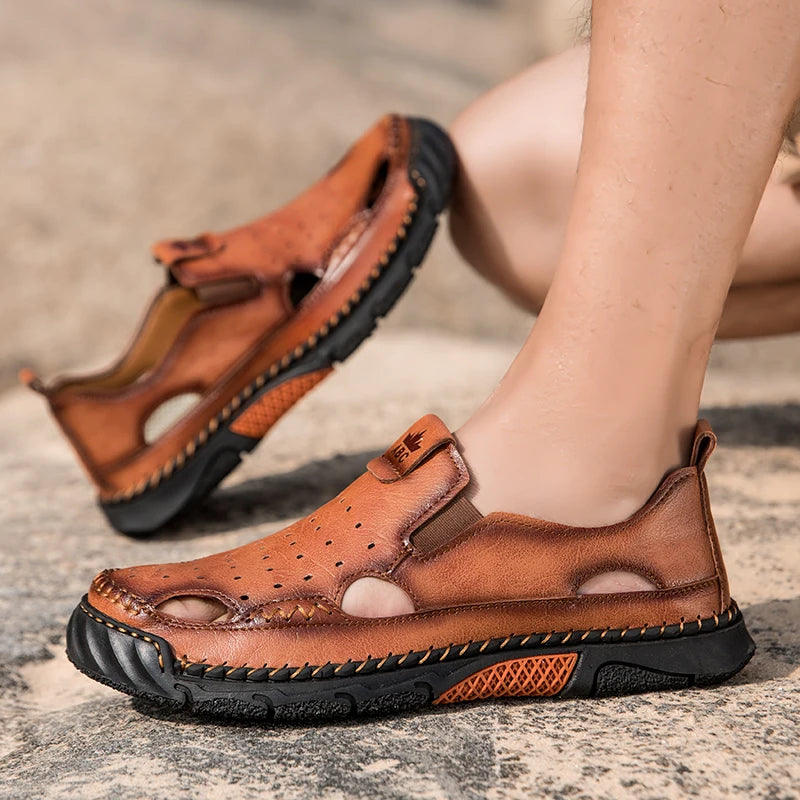 Mens Sandals New Comfortable Slip-on Casual Footwear Plus Size Elastic Soft Sole Lightweight Handmade Leather Walking Sandals