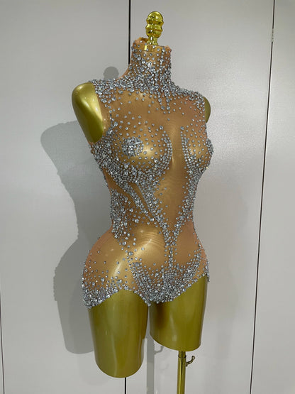 Sexy Stage Sparkly Rhinestone Mesh See Through Crystal Bodysuits Women Luxury Birthday Dancer Nightclub Bar Performance Outfit
