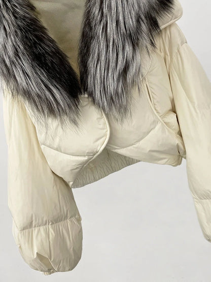 Winter Female White Duck Down Jacket Luxury Loose Short Fashion Casual Women Warm Real Fox Fur Coat Long Sleeve Puffer Jacket