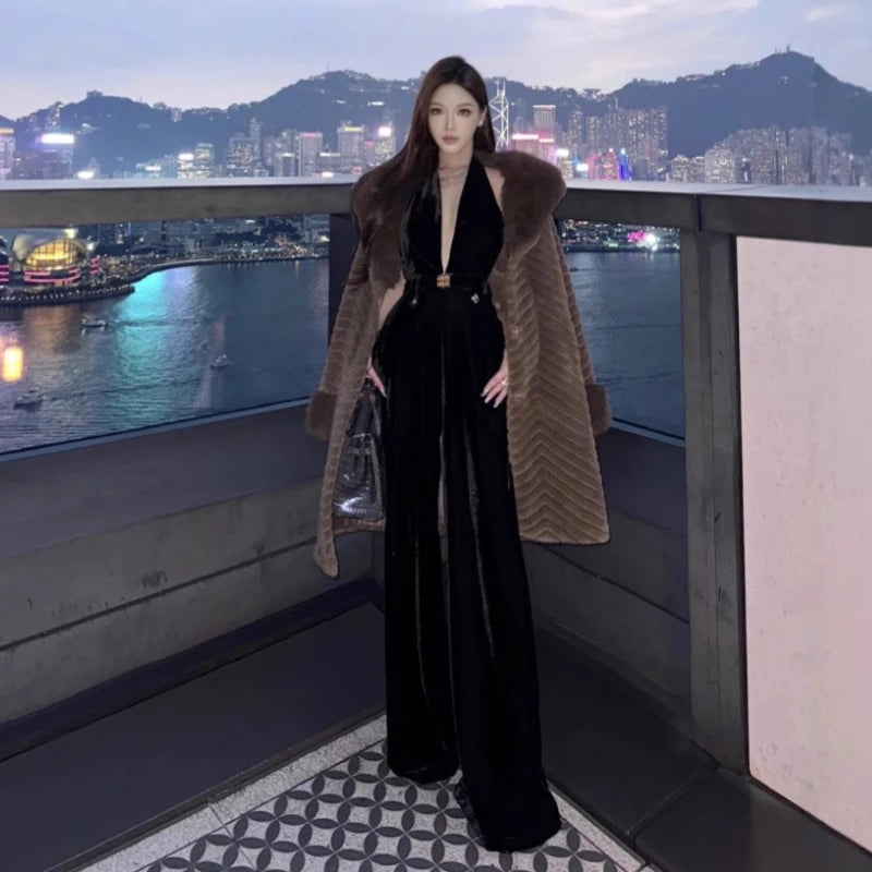 Vintage Luxury High-end Black Jumpsuits Metal Button Slim Sexy V-neck Hang Neck One-piece Pants Women Party Dresses Backless New