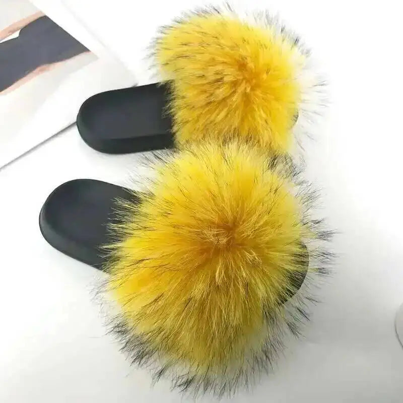 Real Raccoon Fur Slippers For Women 2026 Summer Fluffy Indoor House Fuzzy Flat Slides Outdoor Fashion Beach Sandals Flip Flops