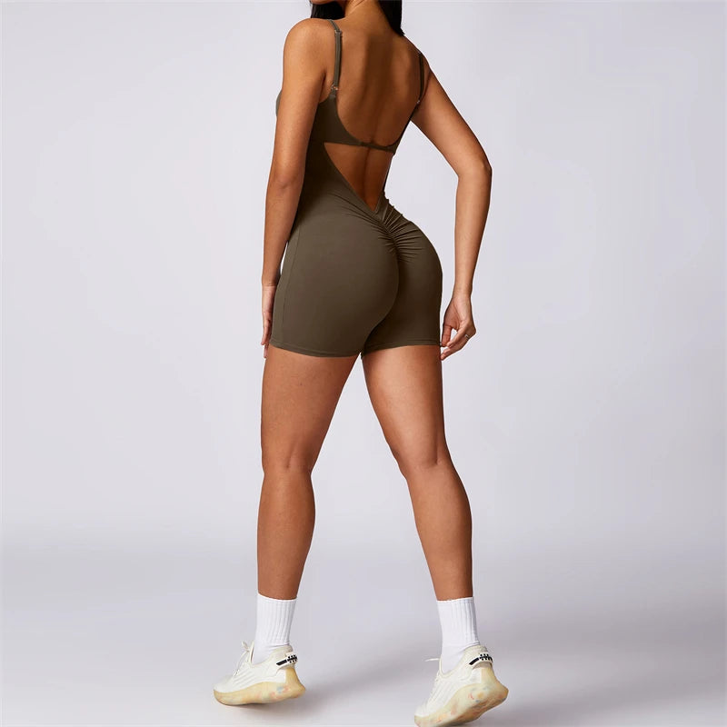 One-Pieces Fitness Overalls Women's Gym Jumpsuits with Shorts Scrunch Butt Sports Rompers High Elastic Backless Workout Clothes