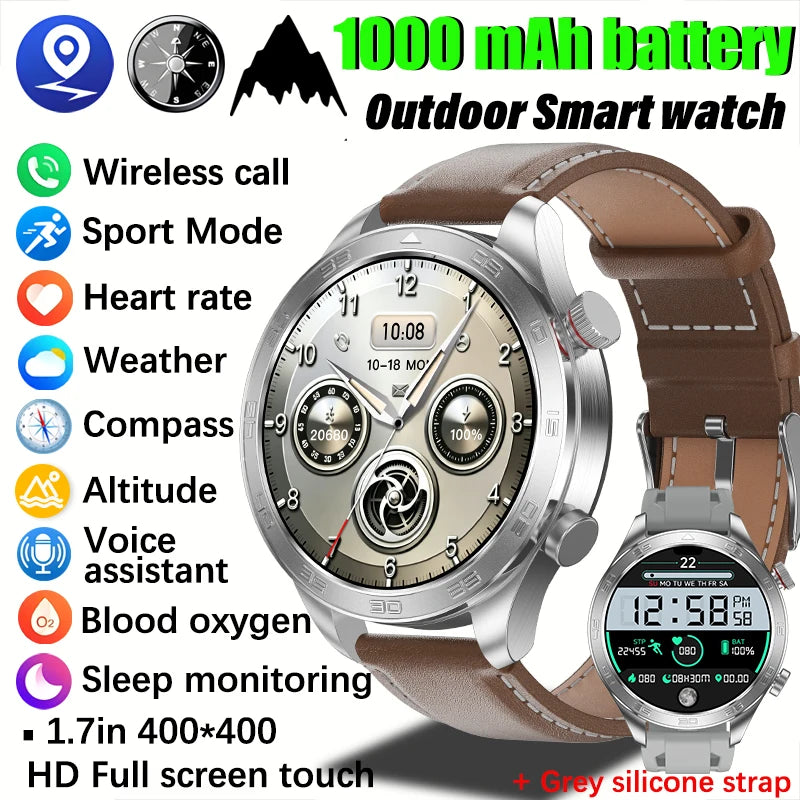 2026 new business men's smart watch 1000 mAh battery with compass altitude pressure IPX8 waterproof call sports health watch