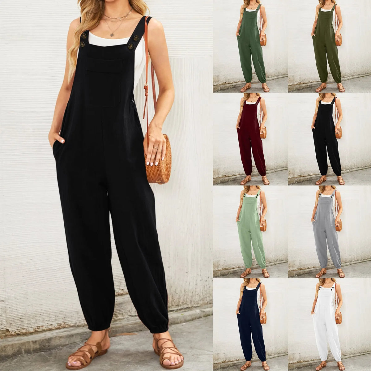 Women'S Sleeveless Overalls Jumpsuit Casual Solid Color Summer Wide Leg Bib Pants Bottons Jumpsuits Rompers With Pockets