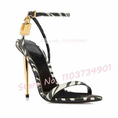 Metal Heel Lock Metallic Leather Sandals Female Luxury Open Toe Stiletto High Heels Shoes Lady Elegant Party Ankle Strap Sandals