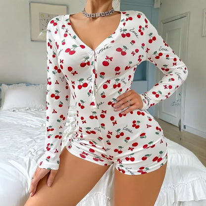 2026 Summer New Women's Printed Casual Homewear Convertible Jumpsuit Pajamas That Can Be Worn Outside Onesies for Adults Women