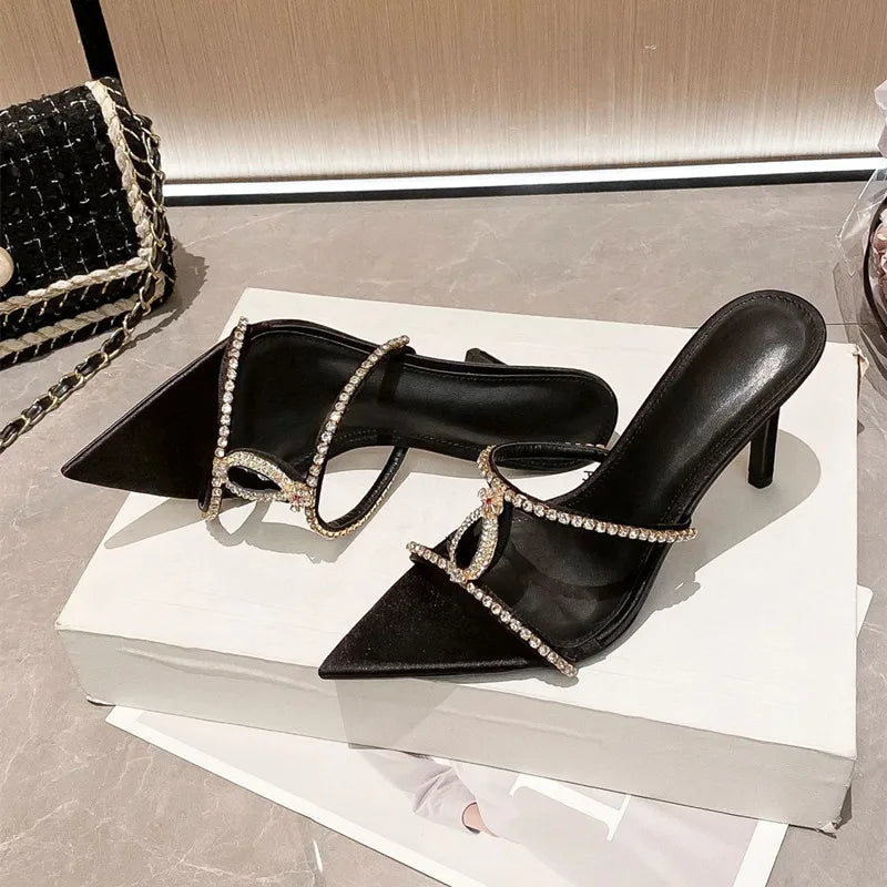Luxury Rhinestones Gem Narrow band Women Slipper Sandals Elegant Pointed toe Thin High heels Mules Slides Fashion Party Shoes