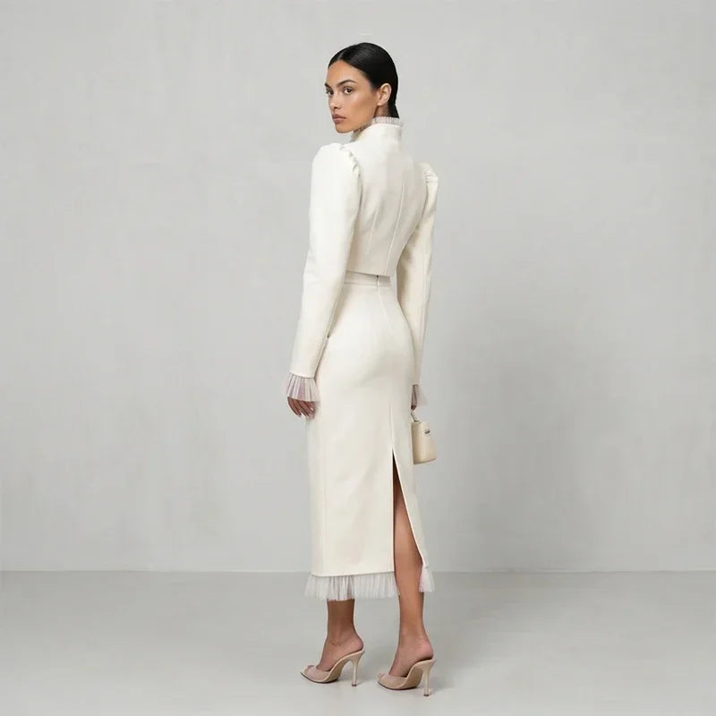 White Women's mesh two piece set Puff Sleeve V Neck blazer two piece dress set Daily Commuter Party  Outfit 2026 Summer Style