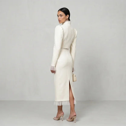 White Women's mesh two piece set Puff Sleeve V Neck blazer two piece dress set Daily Commuter Party  Outfit 2026 Summer Style
