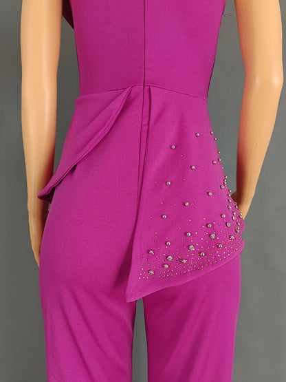 Women Jumpsuit One Shoulder Feather Diamond Peplum Party Fashion Female One Piece African Event Occasion Rompers New Summer 2024
