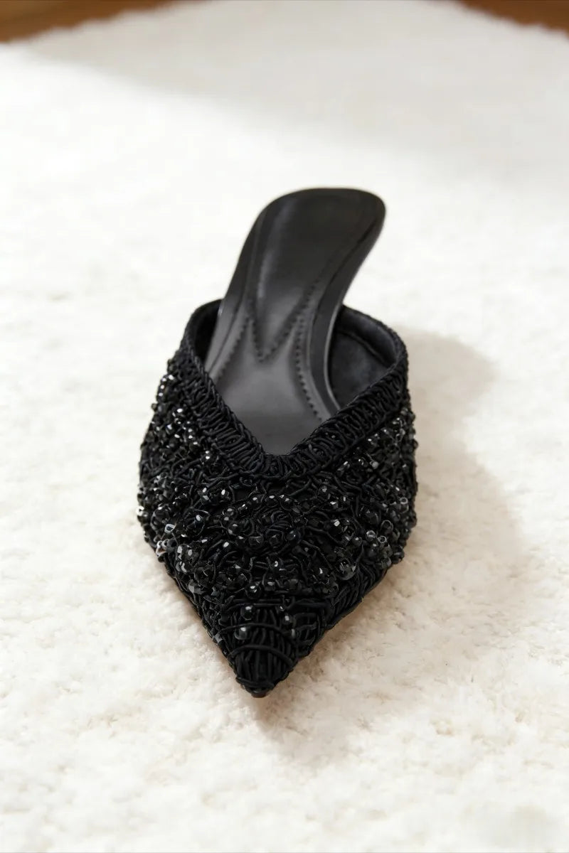 Elegant String Bead Decoration Heeled Sandals Women Sexy Pointed Toe Mesh Woven Slippers Summer Luxury Designer Shoes for Ladies