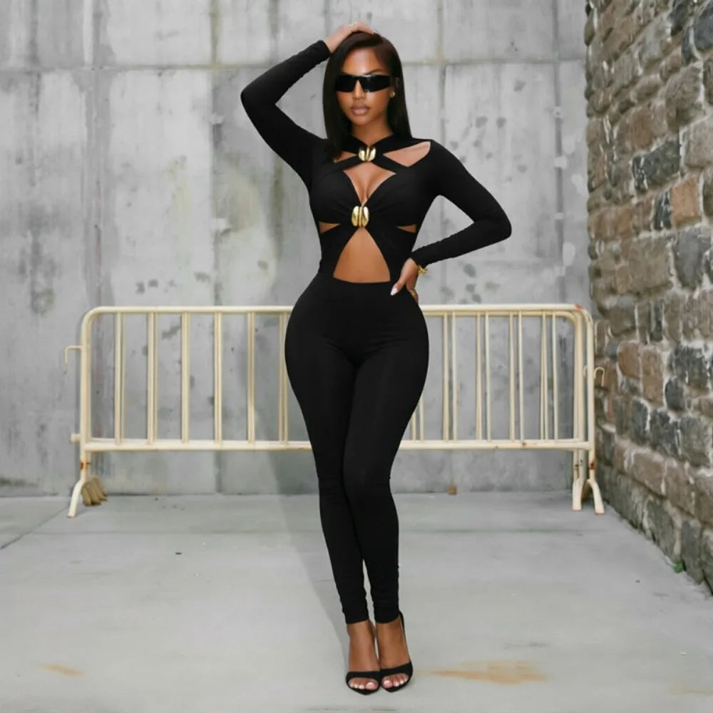 FLARORA Sexy Hollow Out Jumpsuits Woman Trend Metal Buckle Decoration Full Sleeve Skinny Peach Hip Party Club Street Overalls