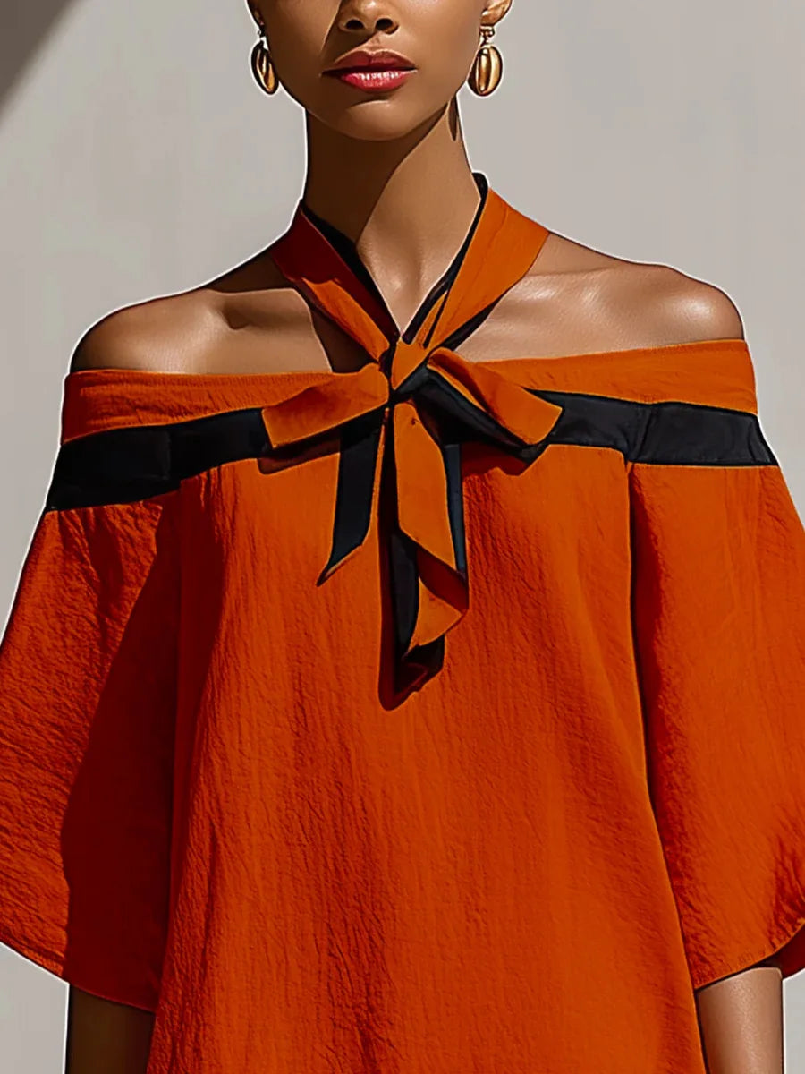 Elegant Temperament Women's Color Blocked Off Shoulder One Shoulder Summer Bow Collar Decorated With Bat Sleeves Mini Dress New