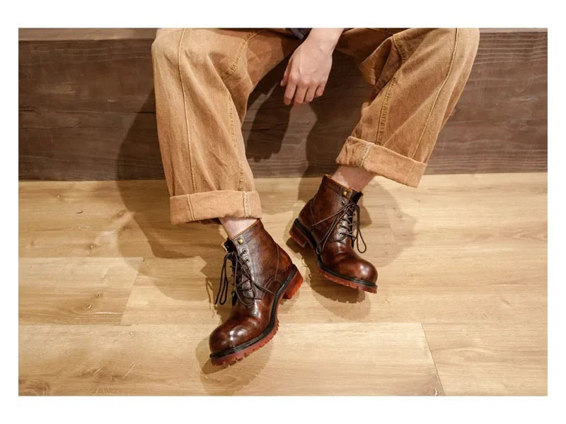 Fashion Men's Genuine Leather Motorcycle Boots British Brogue Shoes High-top Round Toe Mid-calf Chelsea Western Riding Boots