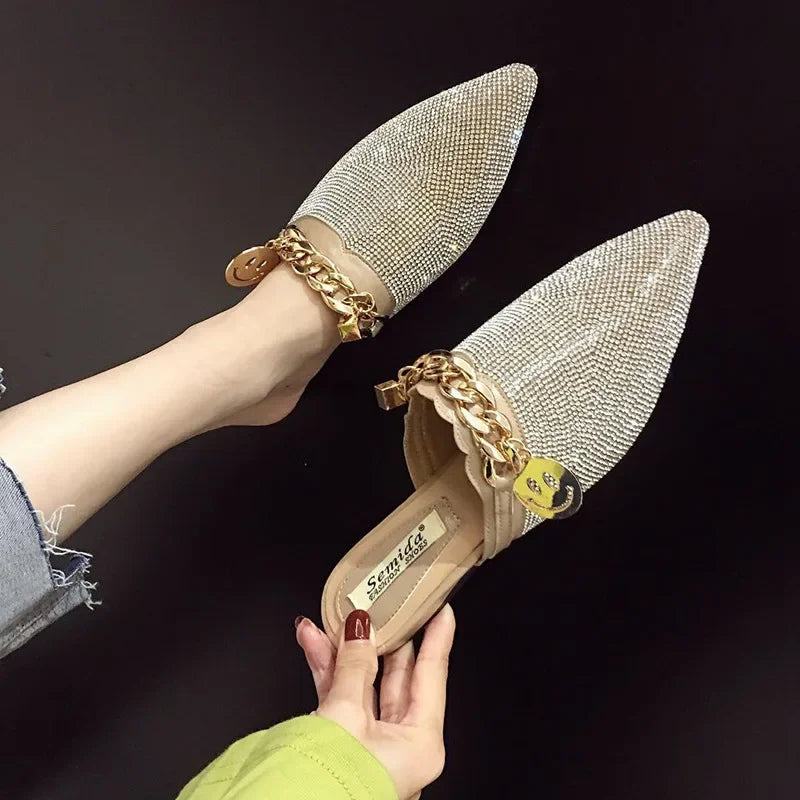 2025 New Summer Shoes for Women Luxury Slipper Girl Bling Crystal Chain Casual Flat Sandals Girl Pointed Toe Slides