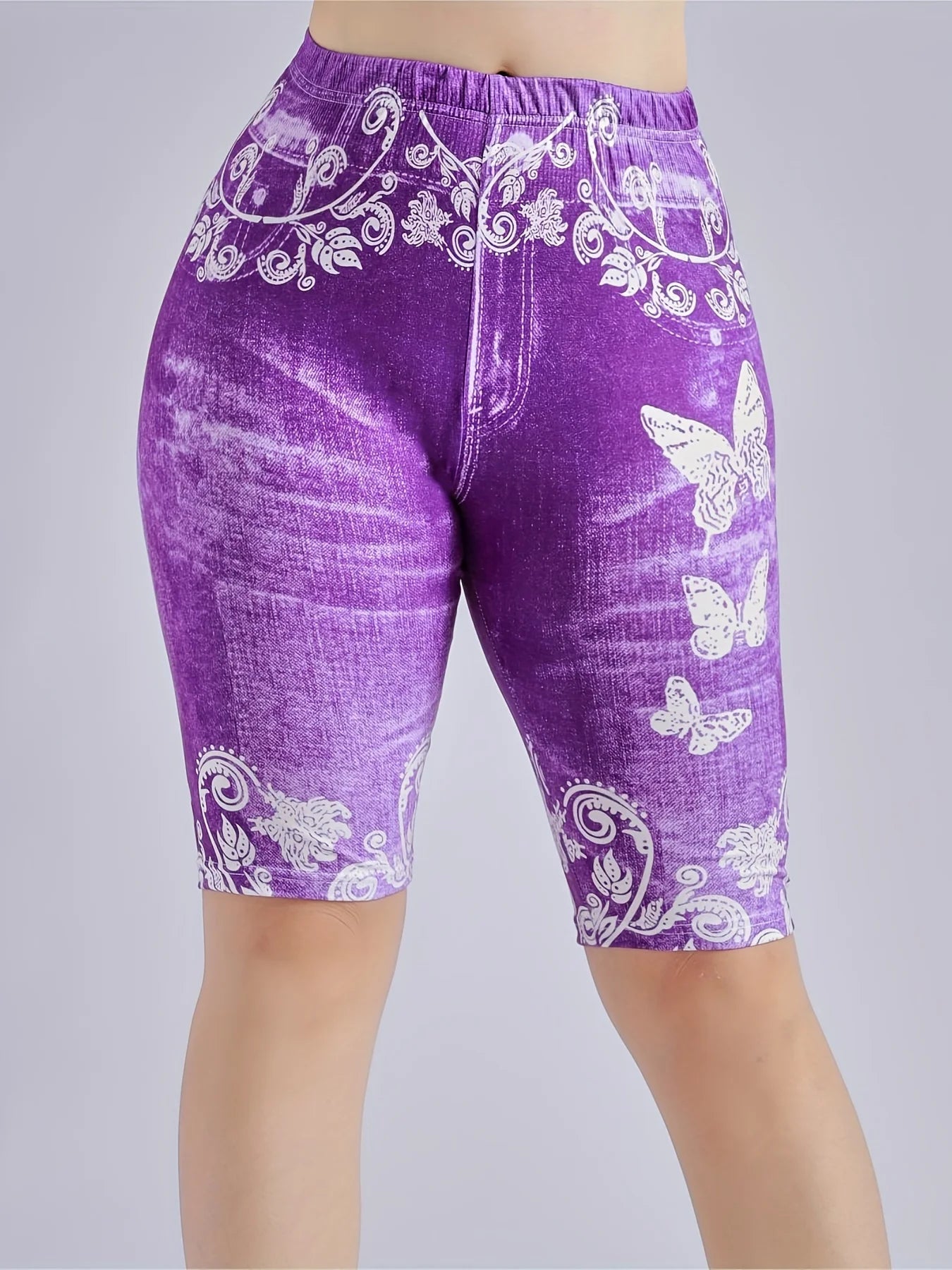Lmitation Denim Leggings For Women Butterfly Waist Fruit Flower Elastic Shorts High Waist Casual