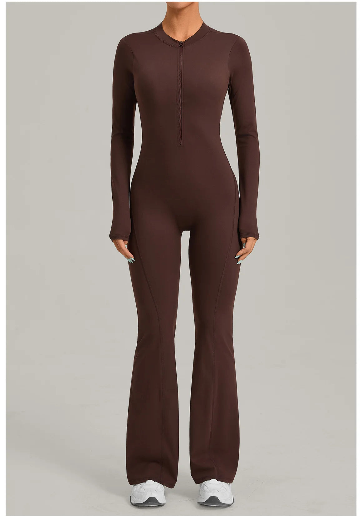 Women Long Sleeve Zip Yoga Bodysuit Cutout Back Scrunch Butt Lift Tummy Control Sweat Wicking Fabric Gym Workout Flare Jumpsuit