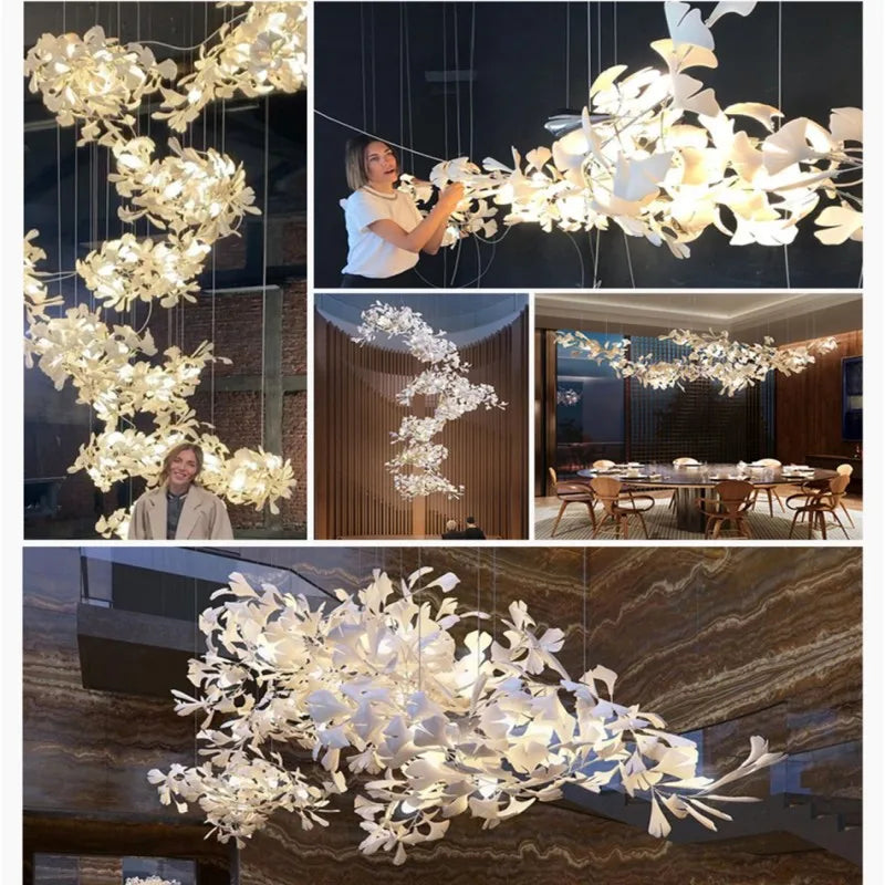 Ginkgo Leaves Loft Hanging Chandelier Light For High Ceiling Staircase Living Dining Room Modern White Porcelain Leaf Chandelier