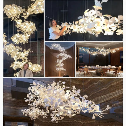 Ginkgo Leaves Loft Hanging Chandelier Light For High Ceiling Staircase Living Dining Room Modern White Porcelain Leaf Chandelier