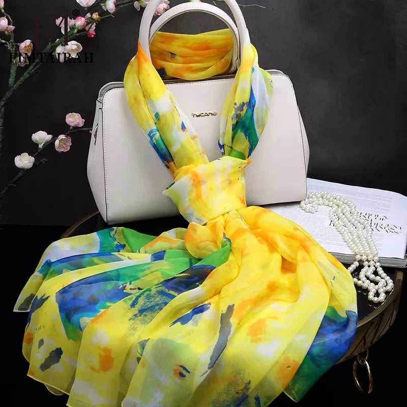 100% silk  scarf ladies Yellow printed  silk scarf Women fashion  soft and elegant shawl long shawl spring autumn winter summer
