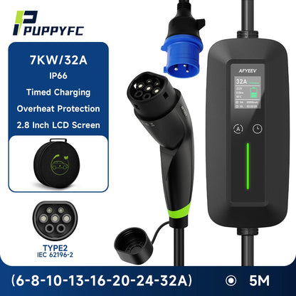 Puppyfc 7KW EV Charger Portable Cable Type2 IEC62196-2 Type1/GBT Electric Car Wallbox Home 32A  Charging Station CEE Plug