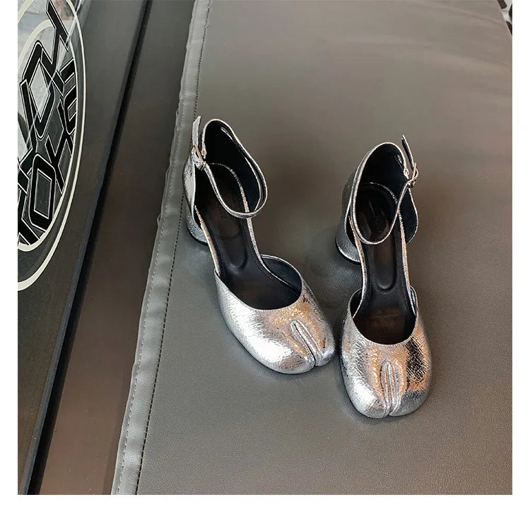 Modern Heels Pumps Women Round High Heel Leather Square Split Toe Pumps Shoes Spring Summer Sandals Mary Janes Shoes Heels Women