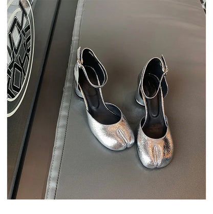 Modern Heels Pumps Women Round High Heel Leather Square Split Toe Pumps Shoes Spring Summer Sandals Mary Janes Shoes Heels Women
