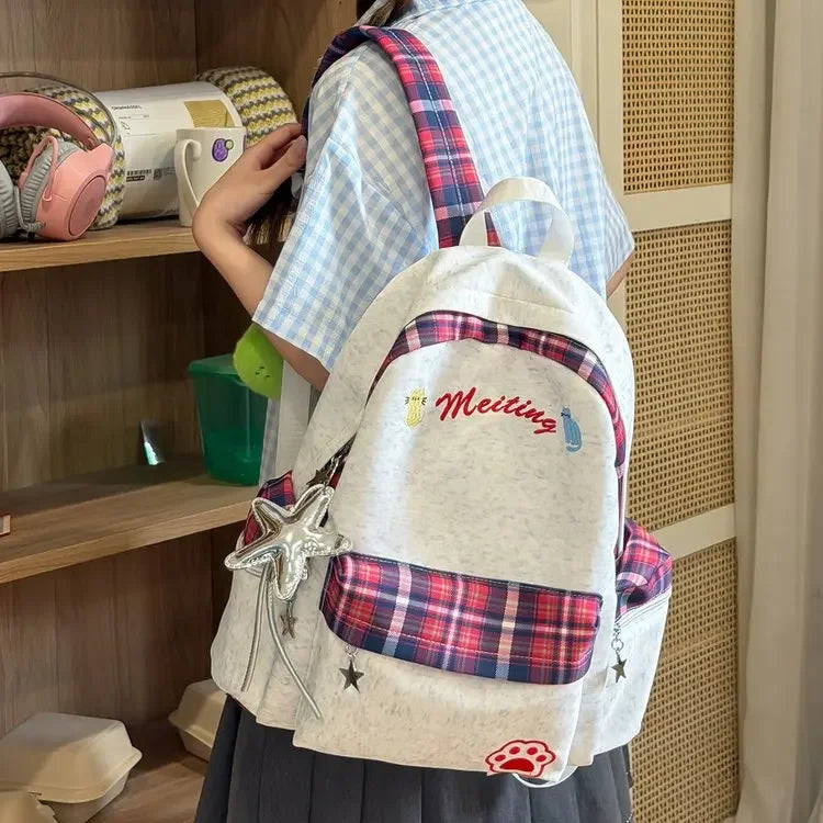 Preppy Style Blue Backpack for Girls, Plaid Spliced School Bag, Cute Nylon Daypack Star Pendant, Large Capacity Student Rucksack